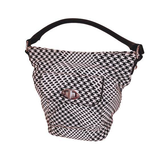 Talbots Turnlock Bucket Bag Houndstooth Black White Preppy Classic Shoulder Purs - Picture 1 of 12